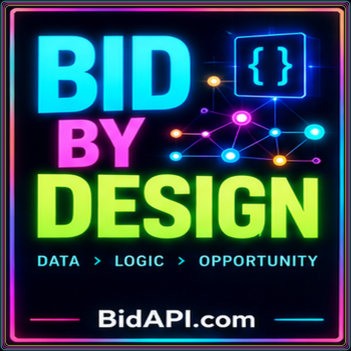 Neon Bid by Design typography with connected data nodes and BidAPI.com branding.