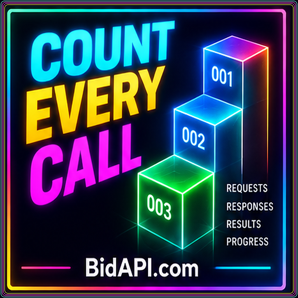 Neon Count Every Call typography beside stacked API blocks and BidAPI.com branding.