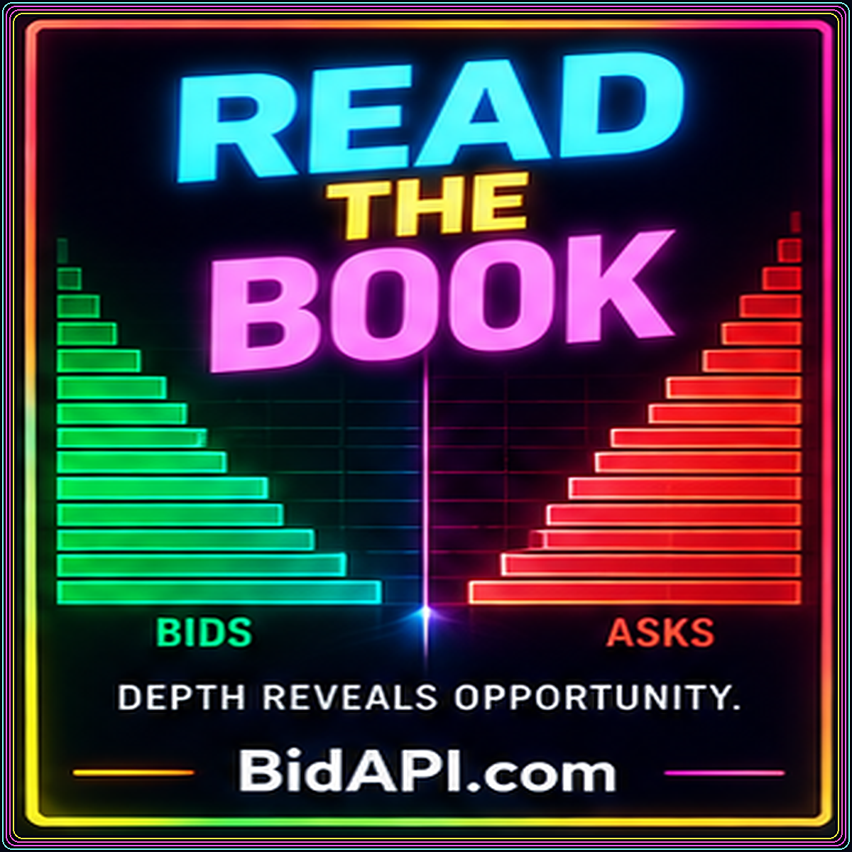 Neon Read the Book typography above bid and ask depth bars with BidAPI.com branding.