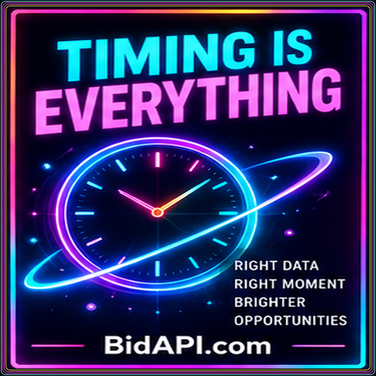 Neon Timing Is Everything typography with an illuminated clock and BidAPI.com branding.