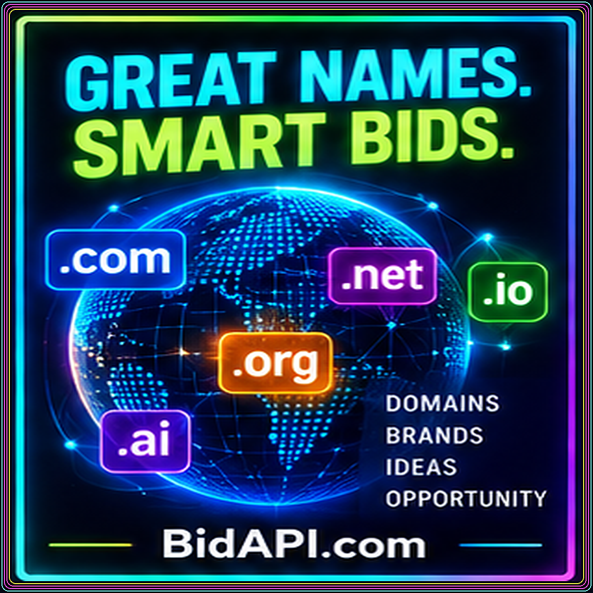 Neon Great Names, Smart Bids typography with a globe and domain extensions, branded BidAPI.com.