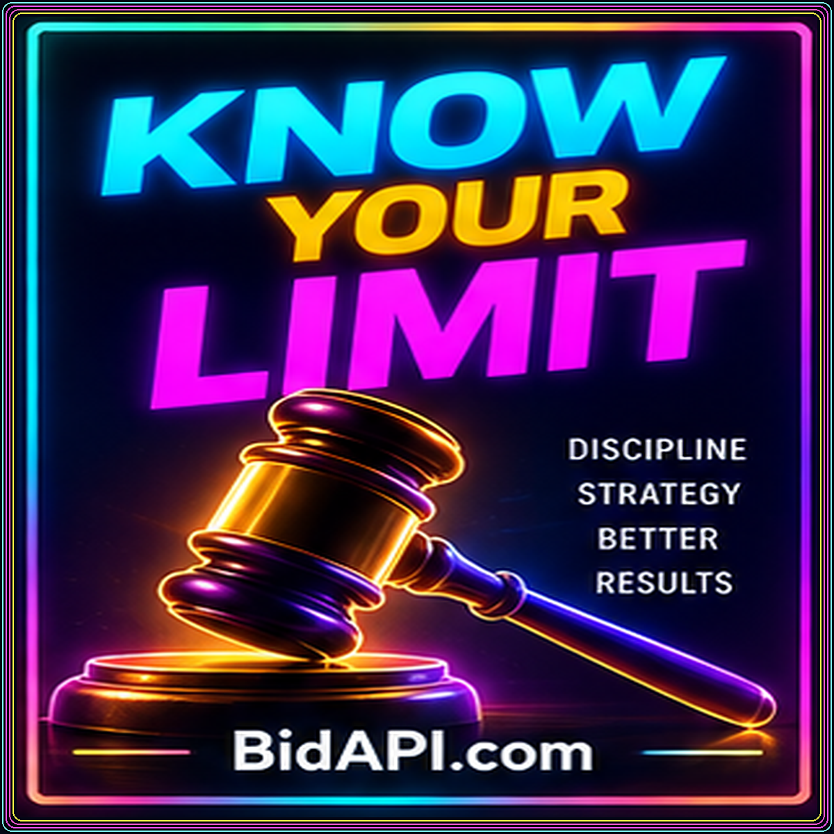 Neon Know Your Limit typography with an auction gavel and BidAPI.com branding.