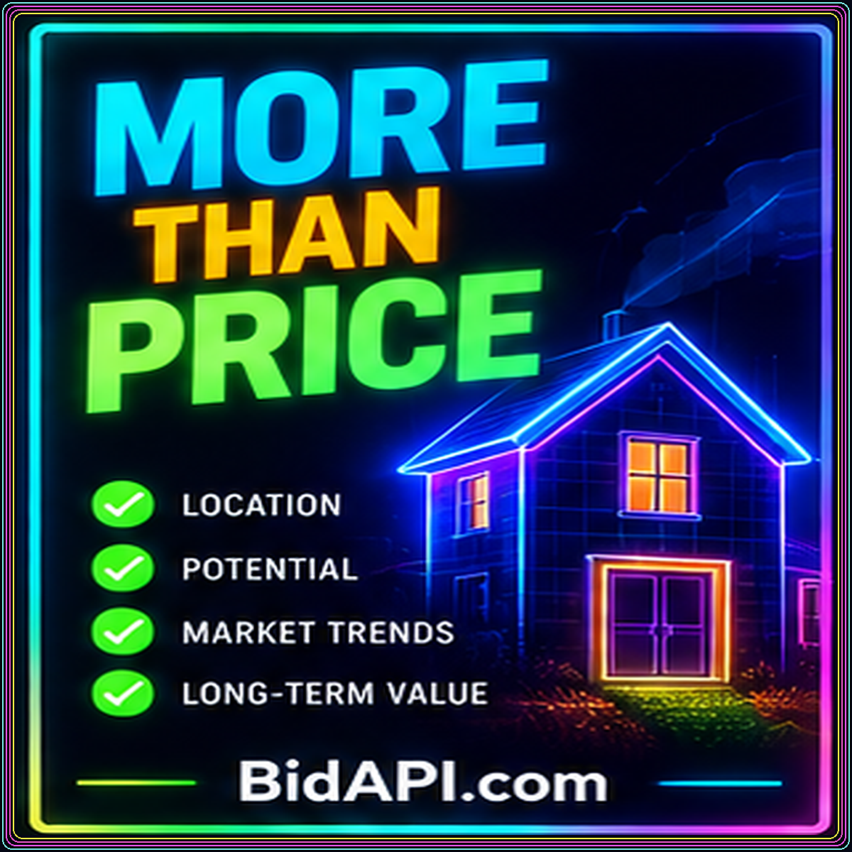 Neon More Than Price typography beside a home illustration and BidAPI.com branding.