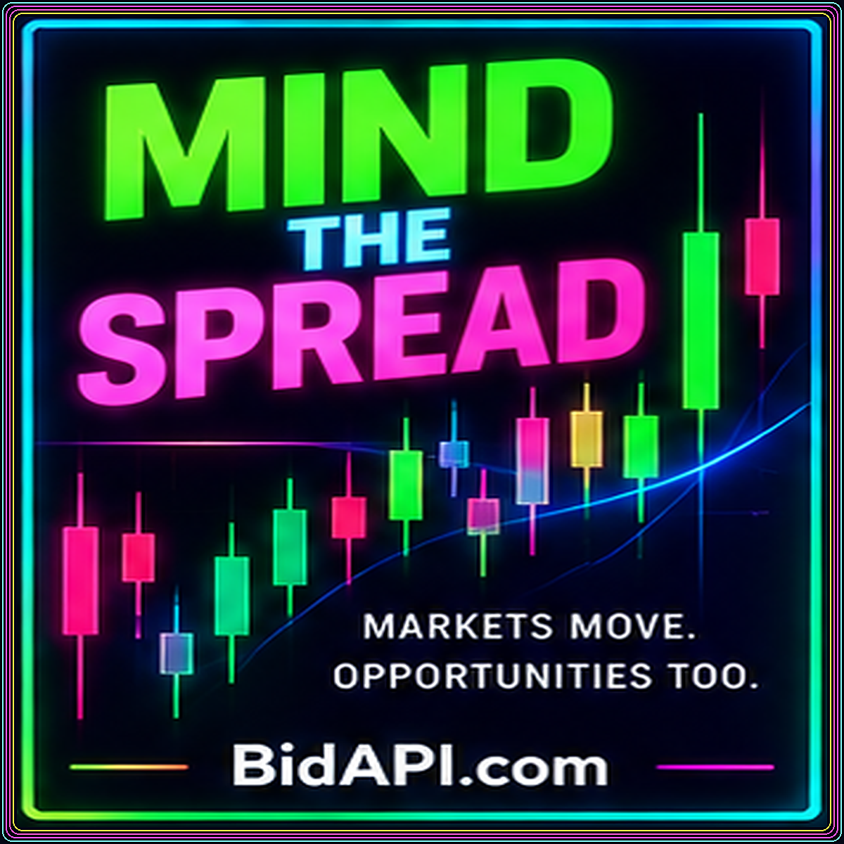 Neon Mind the Spread typography with a colorful stock candlestick chart and BidAPI.com branding.