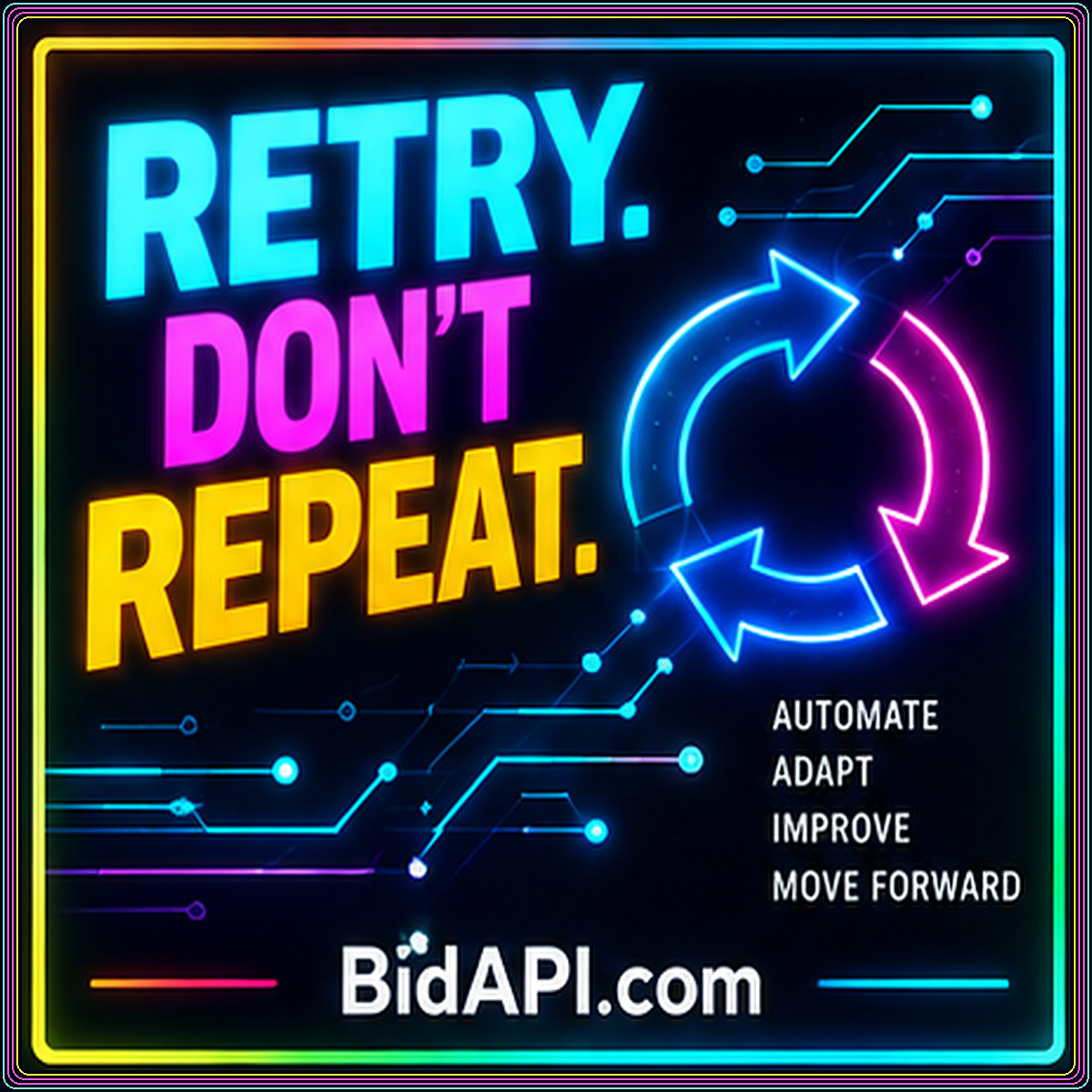 Neon Retry, Do Not Repeat typography with circular arrows and BidAPI.com branding.