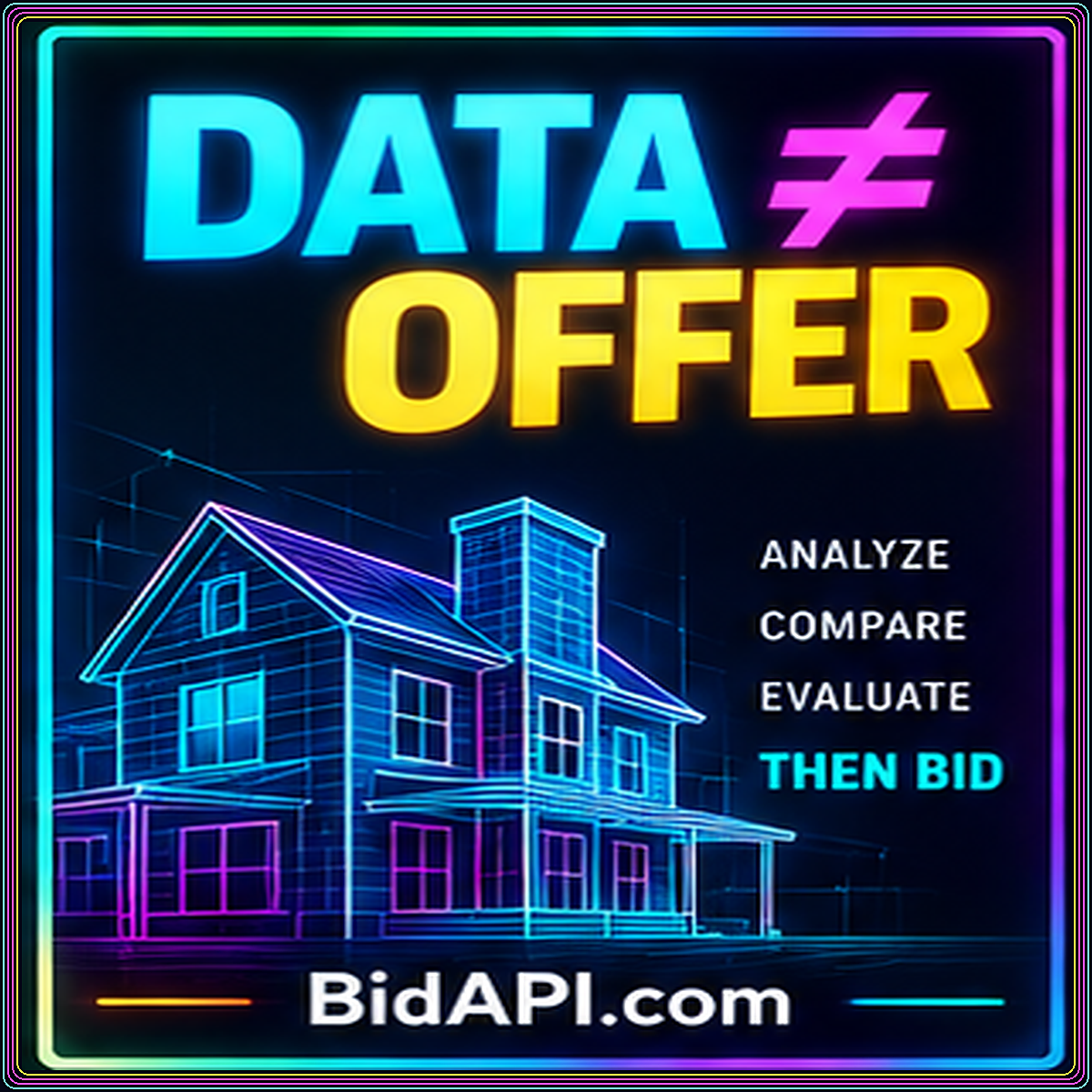 Neon Data Is Not an Offer typography above an architectural house illustration and BidAPI.com branding.